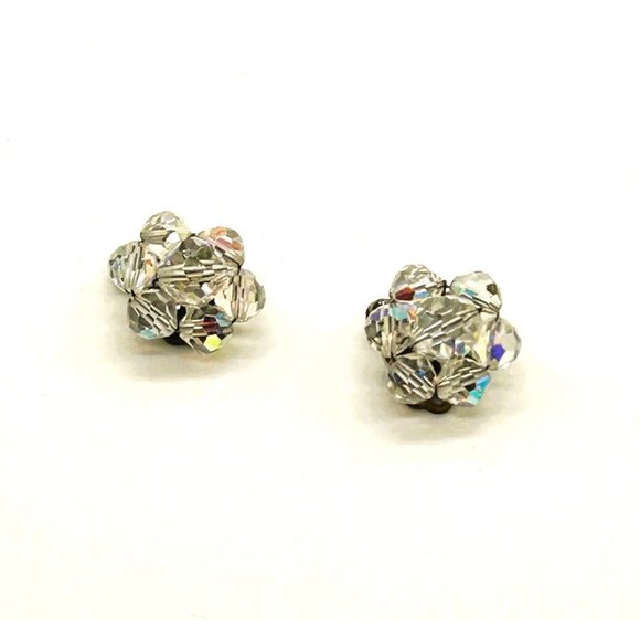 Aurora Borealis Crystal Cluster Clip-On Earrings Vintage Retro Fashion Classic - Picture 2 of 7